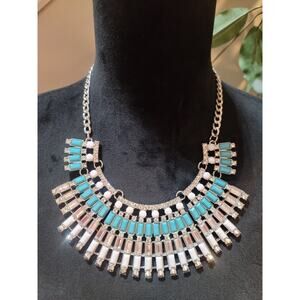 Women's Statement Bib Necklace With Turquoise White Crystals And Lobster Lock